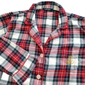 Lauren Ralph Lauren Women's XL Red Plaid Monogram Pajama Shirt Button Down